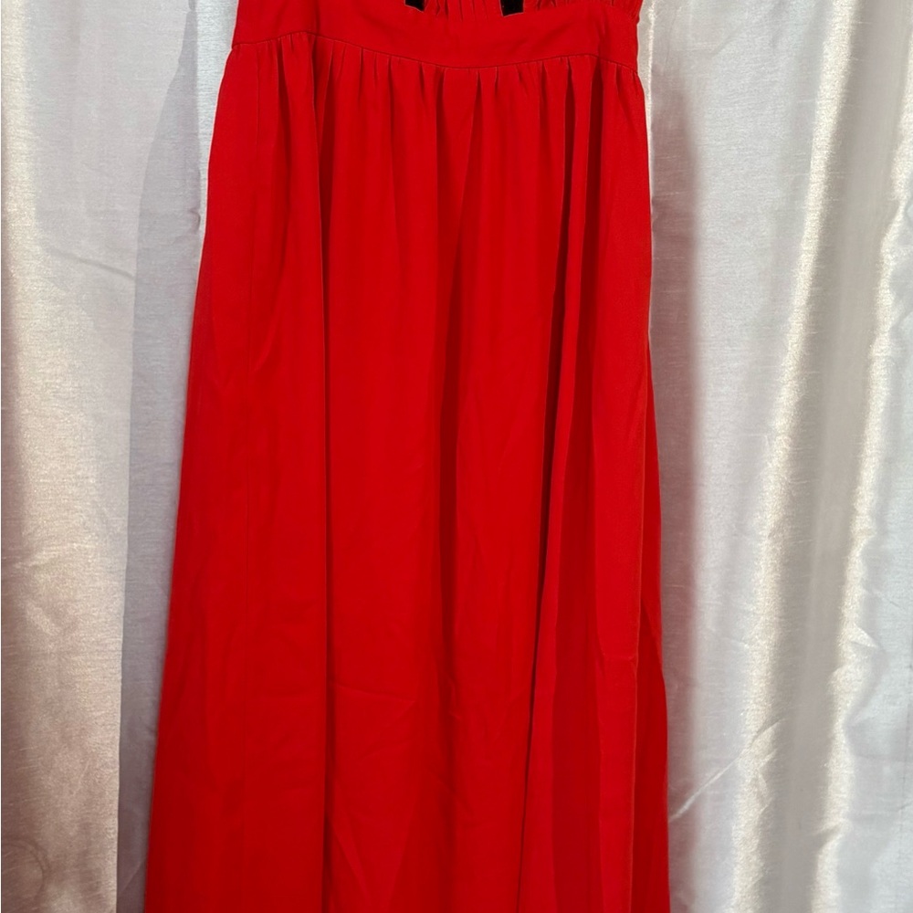 Monteau Vibrant Red Maxi Dress black lace accents size S